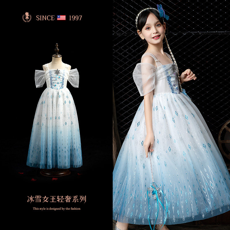 爱莎公主裙礼服高端洋气女童生日礼服艾沙雪花蓝色儿童爱沙裙子夏