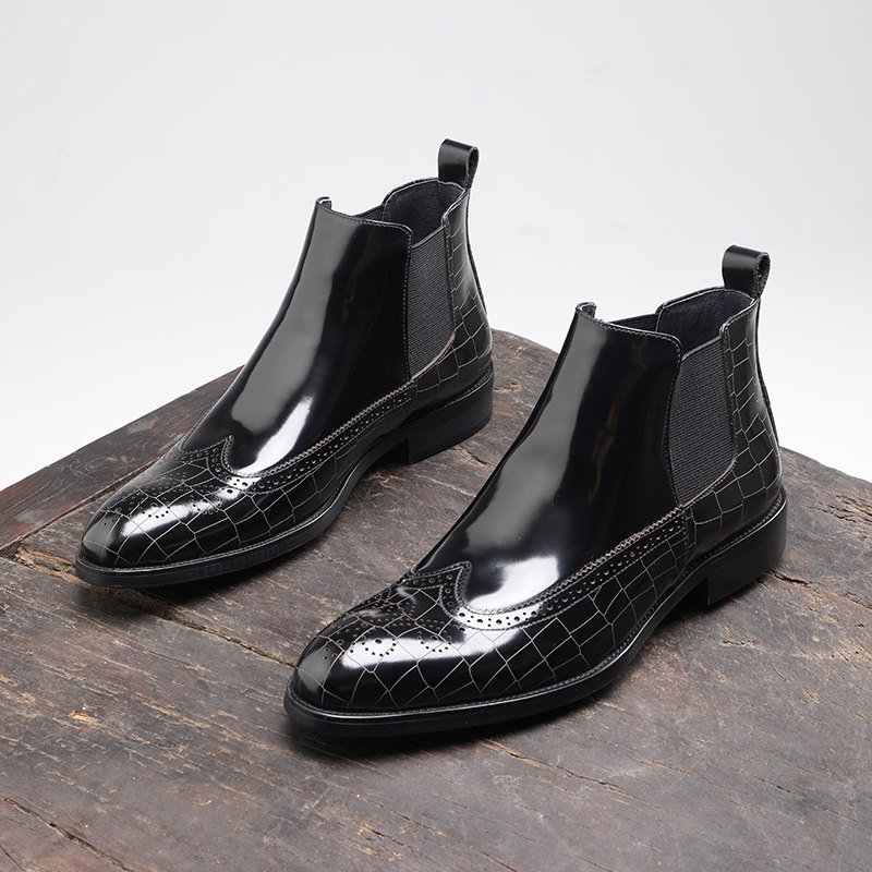 AAXFORY HANDMADE BROGUE COWHIDE MENS CHELSEA BOOTS PATENT LEATHER GLOSSY SLEEVE HIGH-TOP LEATHER SHOES BRITISH STYLE