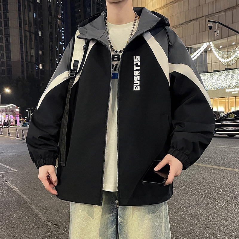 春秋季外套男潮流港风拼色夹克青少年学生帅气宽松上衣户外冲锋衣