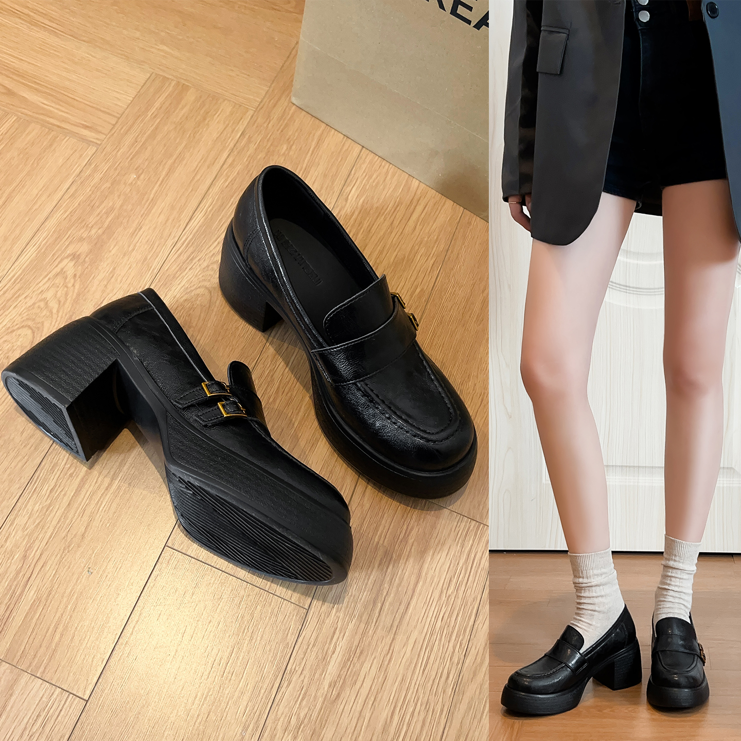 厚底粗跟乐福鞋女配裙子的单鞋子