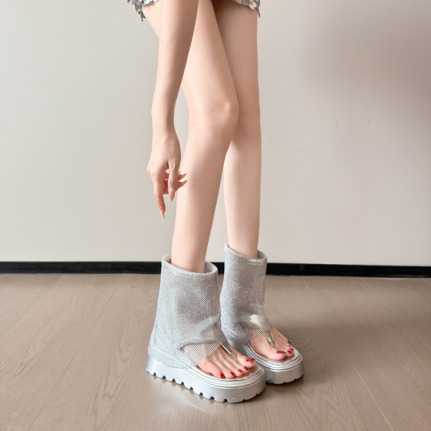 夹趾凉靴女款2026新款厚底内增高网纱透气罗马凉鞋人字拖靴子短靴
