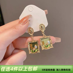 油画框花朵耳钉宫廷风轻奢复古耳饰 764中古风耳环法式