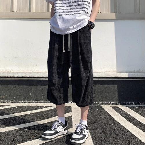 男士夏季薄款宽松七分裤美式复古潮流格子休闲短裤韩版百搭运动裤