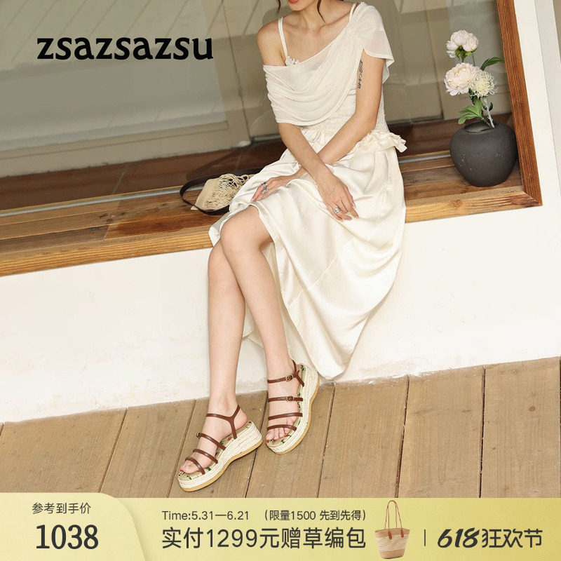 [明星同款]莎莎苏2026春夏新款和风海岛编织麻厚底坡跟罗马凉鞋