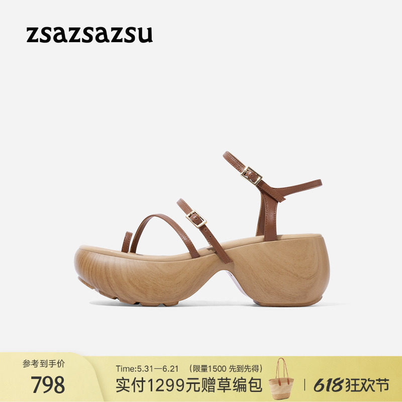 [明星同款]莎莎苏春夏坡跟高帮厚底猪笼鞋一字带和风海岛罗马凉鞋