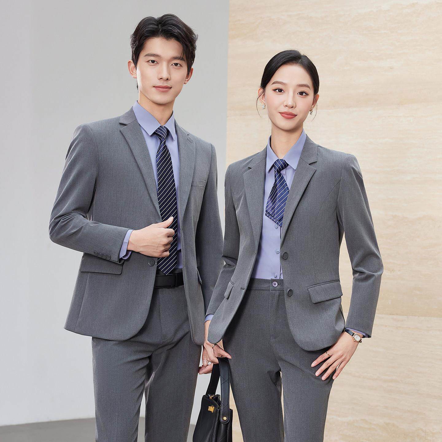 弹力灰色西服套装男女职业装商务西装正装房地产4S店售楼部工作服