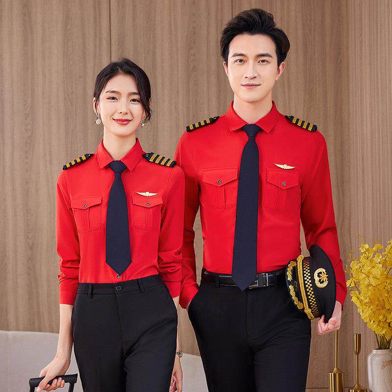 中性衬衫制服男女航空工作服军鼓乐队衬衣套装带肩章LOGO大码寸衣