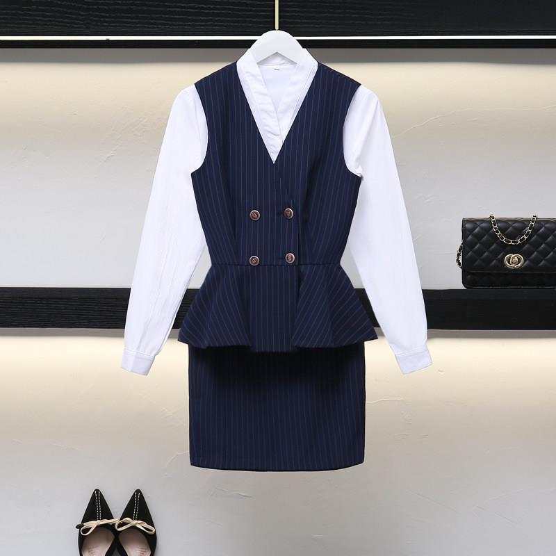 条纹职业套装女秋装三件套气质西装前台珠宝店工作服马甲空姐制服