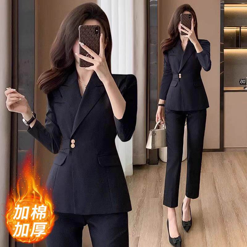 黑色西装套装女秋冬夹棉珠宝店美容院工作服职业气质酒店前台工装