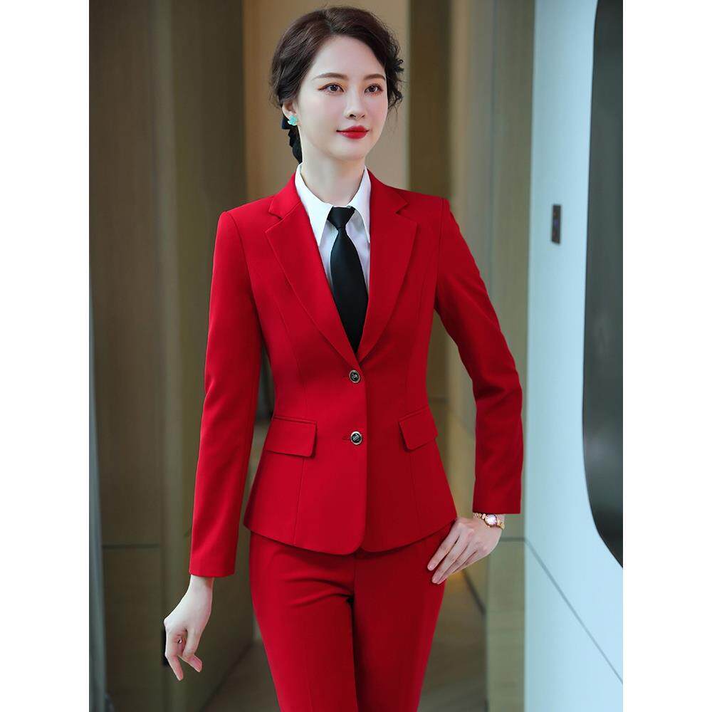 大红色西装套装女军鼓乐队服装喜庆年会主持正装高端职业冬装套装