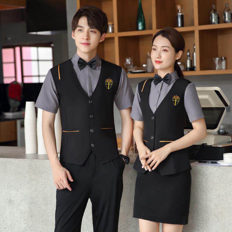 酒店服务员工作服短袖餐饮西餐前台工作装职业马甲套装女ktv酒吧