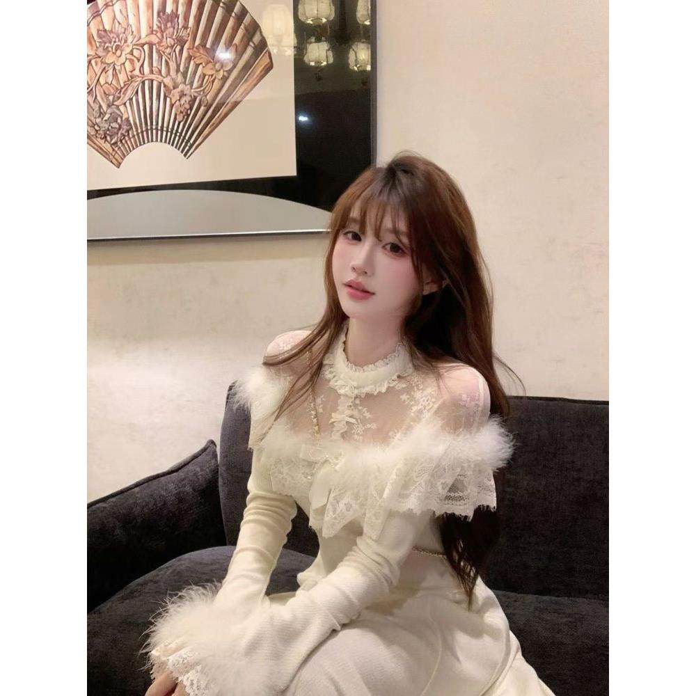 言可可 富家千金miu系穿搭高级感蕾丝拼接打底连衣裙秋冬装长裙子