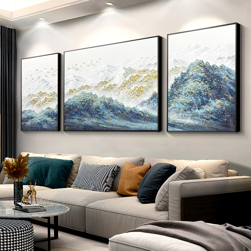 大芬村油画现代轻奢客厅沙发背景墙装饰画孔雀蓝金山三联肌理挂画图片