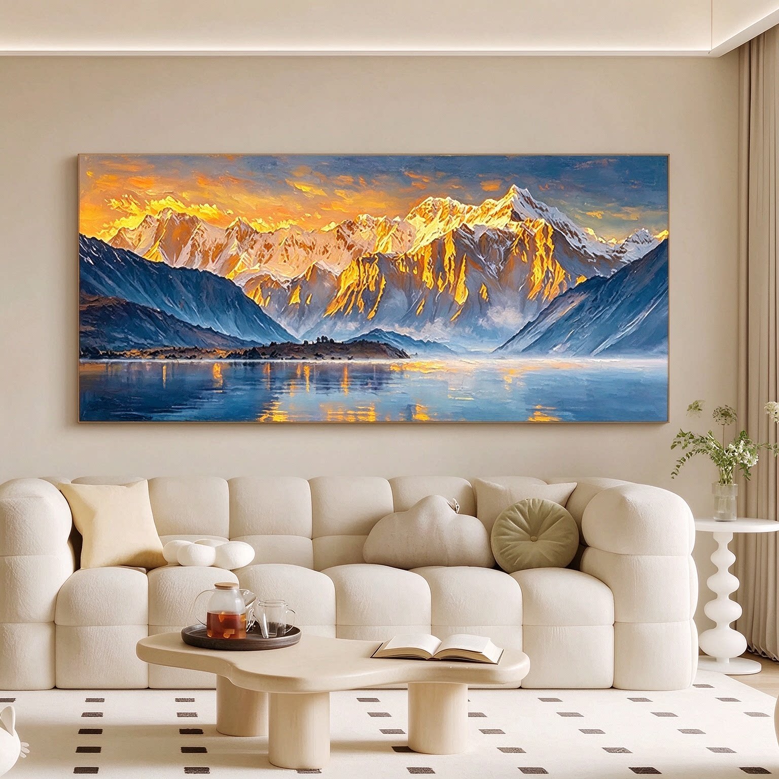 纯手绘油画日照金山客厅沙发背景墙装饰画现代轻奢横幅过道壁画