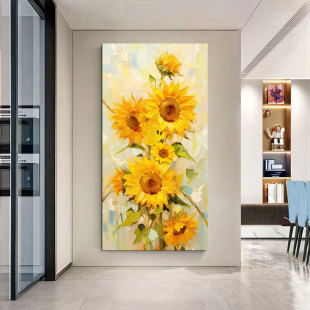 纯手绘油画向日葵客厅背景墙装 花卉玄关抽象餐厅挂画 饰画现代美式