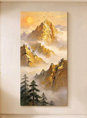 新中式手绘日照金山油画客厅玄关