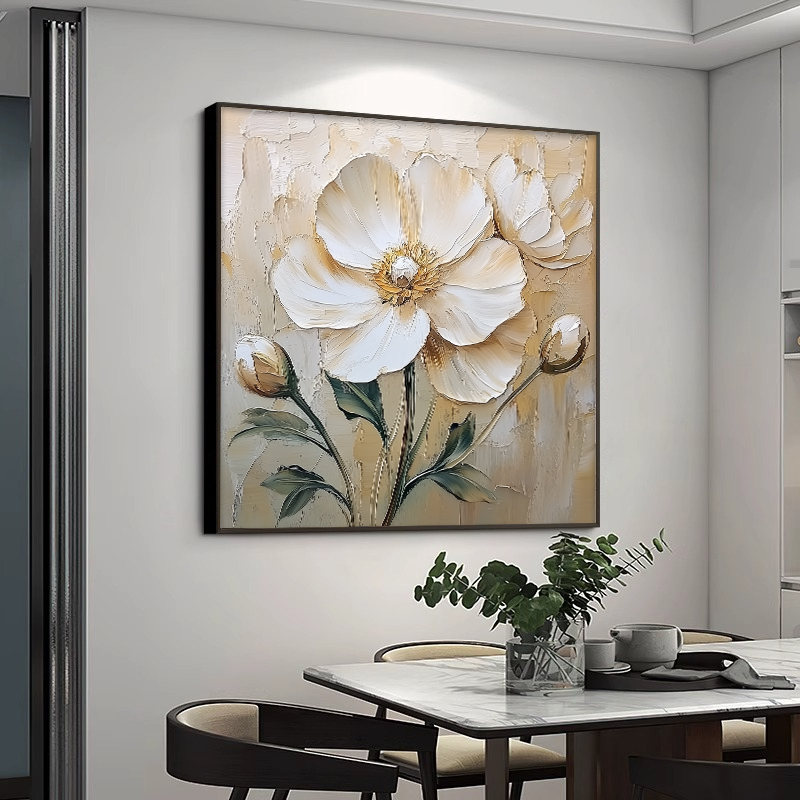花卉高级感大芬村手绘油画牡丹花餐厅装饰画方形立体肌理玄关挂画图片
