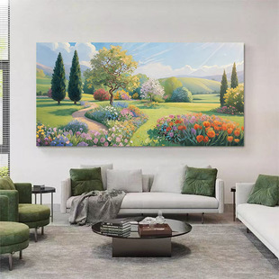 大芬村手绘油画莫奈花园奶油风客厅装饰画横幅立体花卉过道挂画
