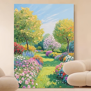 大芬村手绘油画莫奈花园奶油风客厅装饰画高级感立体玄关花卉挂画