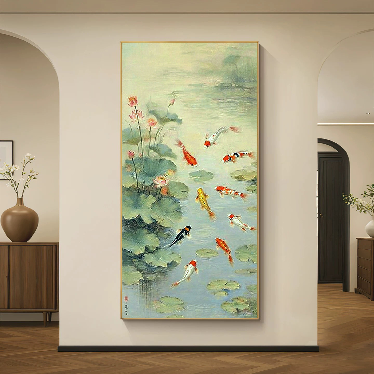 纯手绘油画九鱼聚财玄关挂画