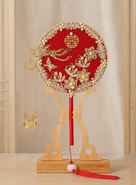 古风扇子印花长木柄儿童成人团扇搭配汉服旗袍舞蹈走秀拍照表演扇