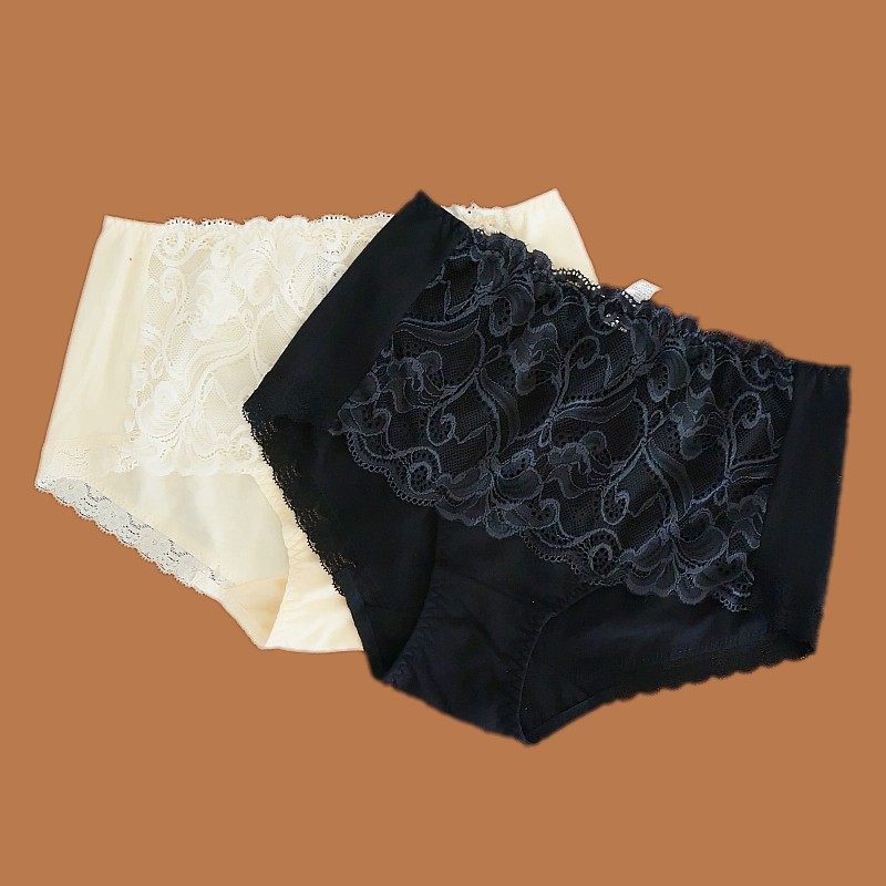 纯棉性感大码内裤女高腰包臀透气弹力蕾丝镂空纯色黑色肤色无束缚