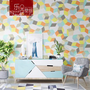 3D立体北欧彩色几何图形方块格子墙纸现代简约卧室客厅背景墙壁纸