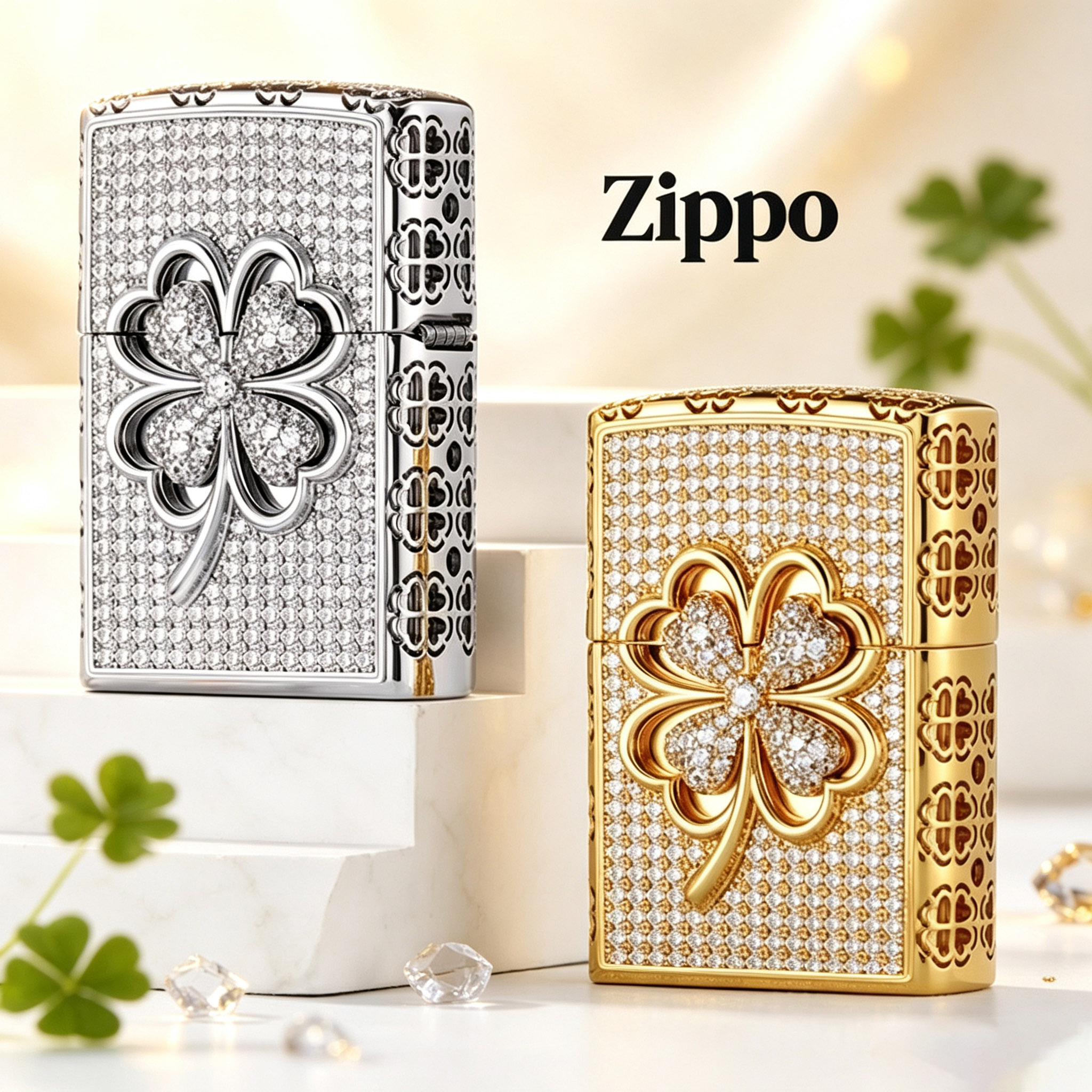 zippo打火机精雕幸运四叶草正品防风zppo煤油七夕送男友生日礼物