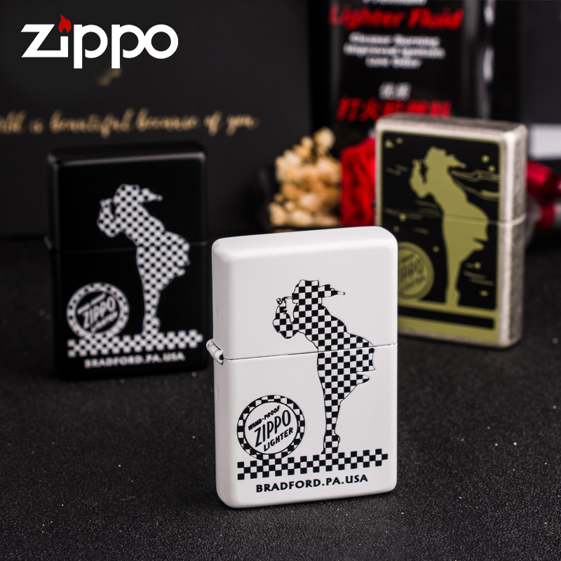 正版Zippo防风煤油打火机1937复刻风中女郎黄铜复古黑白格男士