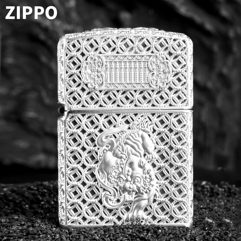 正版zippo防风煤油火机镀银貔貅花丝套壳水晶礼盒男士收藏送礼