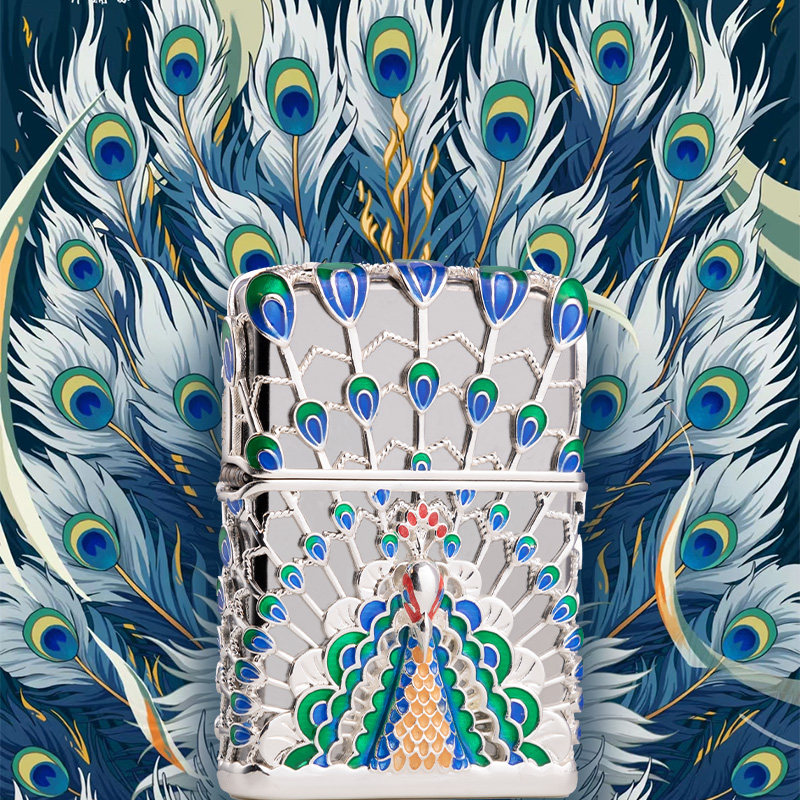 Zippo煤油打火机限量版孔雀开屏花丝珐琅彩前程似锦铜镀金男士