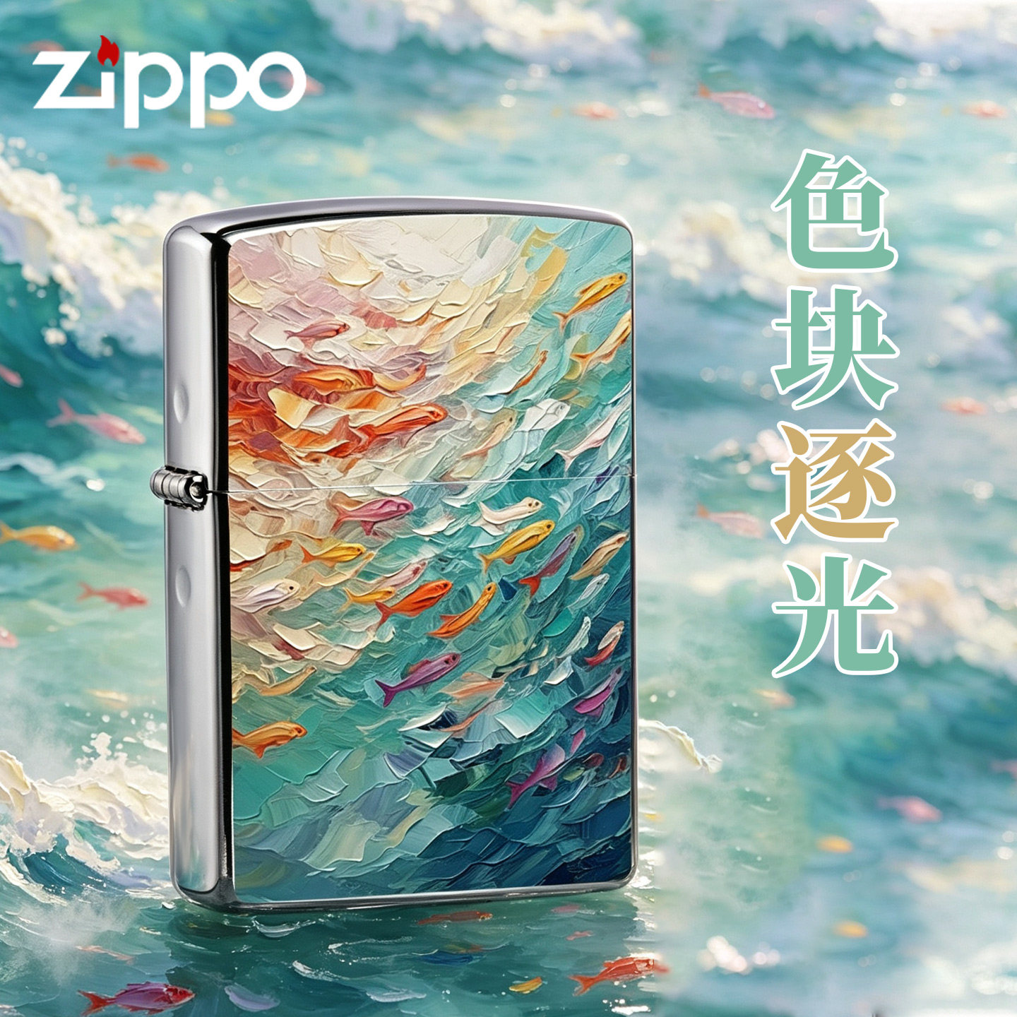zippo防风打火机煤油官方正品色块逐光钓鱼佬送男友惊喜生日礼物
