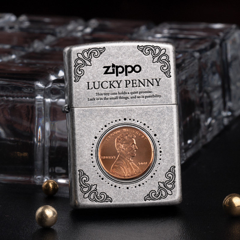zippo打火机月亮幸运便士正品深雕贴章煤油防风七夕送男友礼物