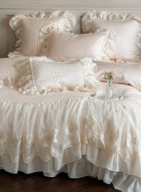 法式粉色高级感全棉床上四件套纯棉公主风蕾丝床单被套床盖床品女