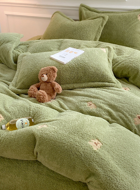 冬季加绒保暖泰迪绒床上四件套可爱小熊被套双面毛绒珊瑚绒床单款