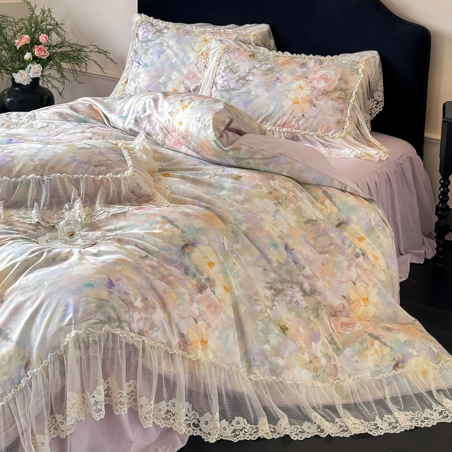 法式浪漫油画风全棉床上四件套公主风纯棉蕾丝边被套床裙少女床品