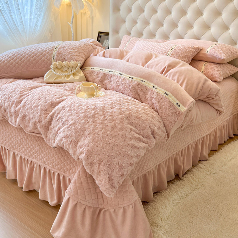 冬季加绒加厚珊瑚牛奶绒床上四件套公主风夹棉床盖床单被套兔兔绒