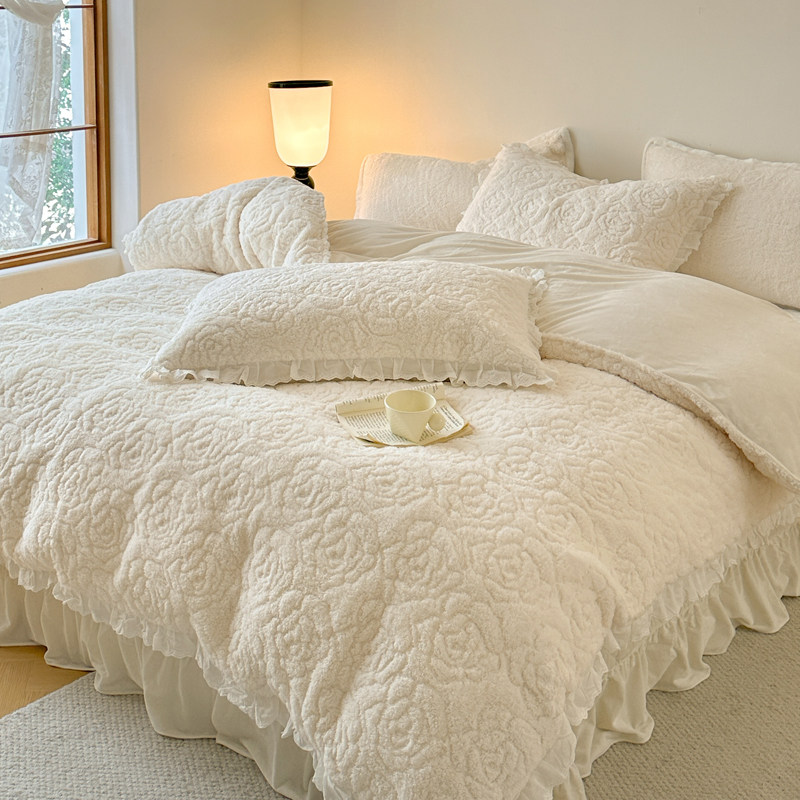 冬季仙女泰迪绒加绒加厚四件套公主风夹棉床盖双面毛绒牛奶绒被套