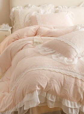 冬季法式粉色加绒加厚蕾丝四件套公主风毛绒被套珊瑚牛奶绒床裙款