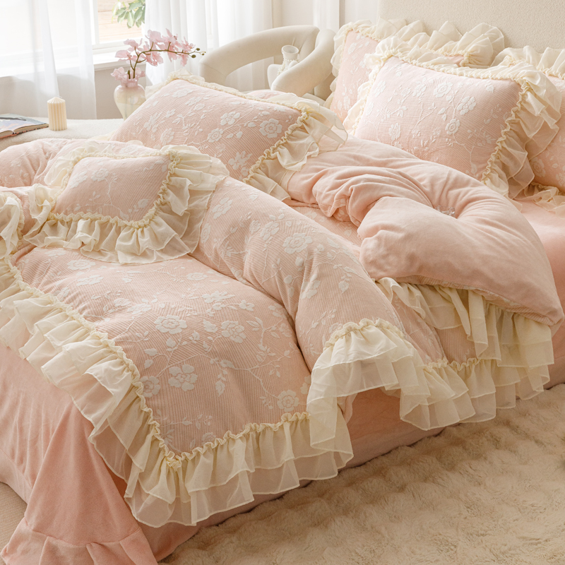 法式冬季粉色牛奶绒四件套公主风