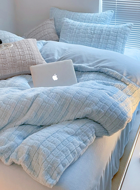 冬季加绒床单被套牛奶绒床上四件套公主风双面毛绒珊瑚绒床笠款兔