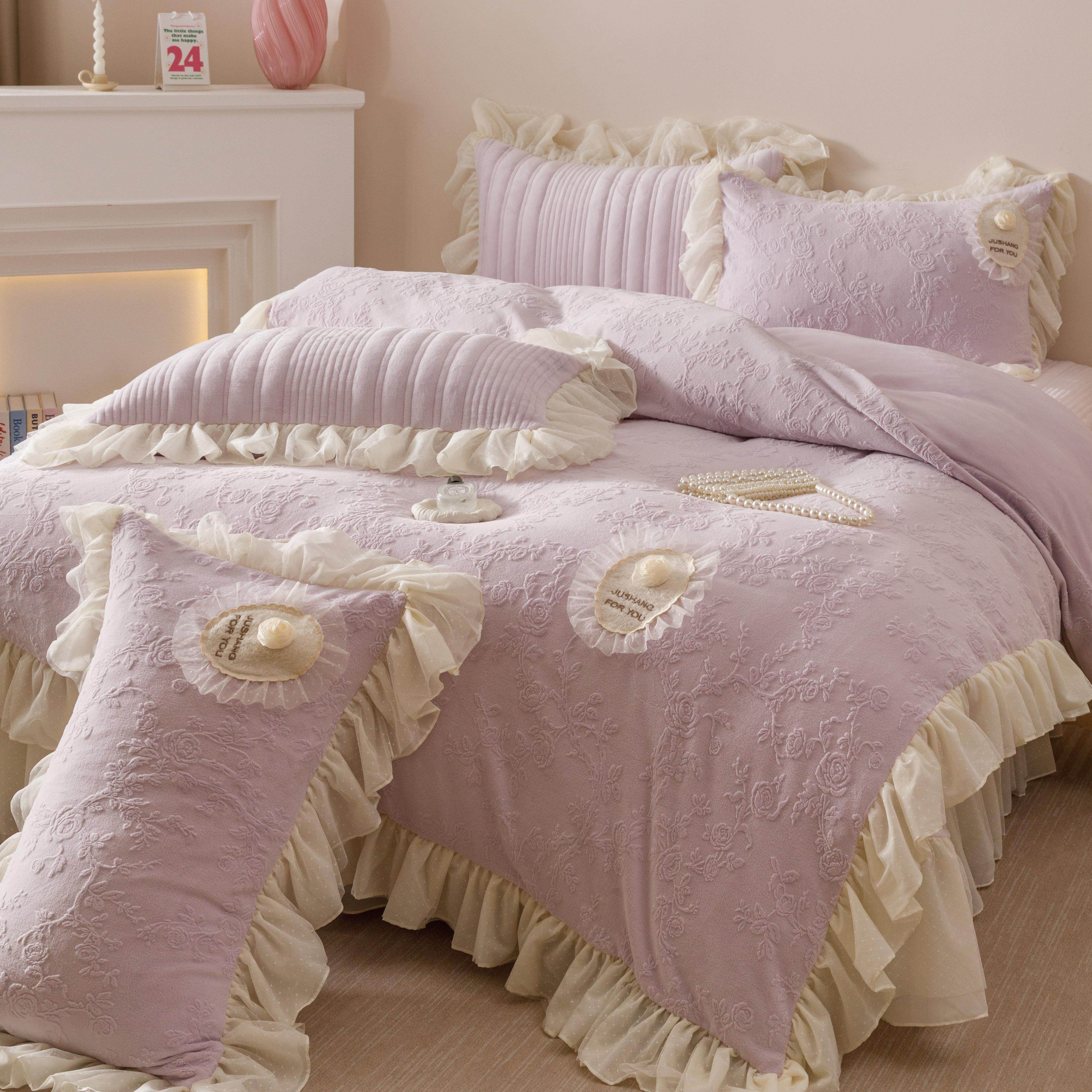 法式加厚牛奶绒床上四件套公主风加绒床单被套夹棉床盖珊瑚绒床品