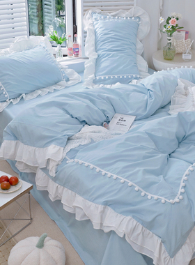 北欧ins蓝色100全棉床单被套床上四件套公主风纯棉网红床品床笠款