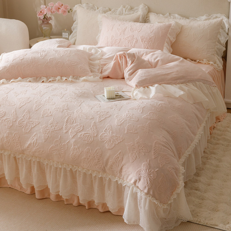 法式粉色加绒加厚牛奶绒四件套公主风蕾丝毛绒被套珊瑚绒床裙少女