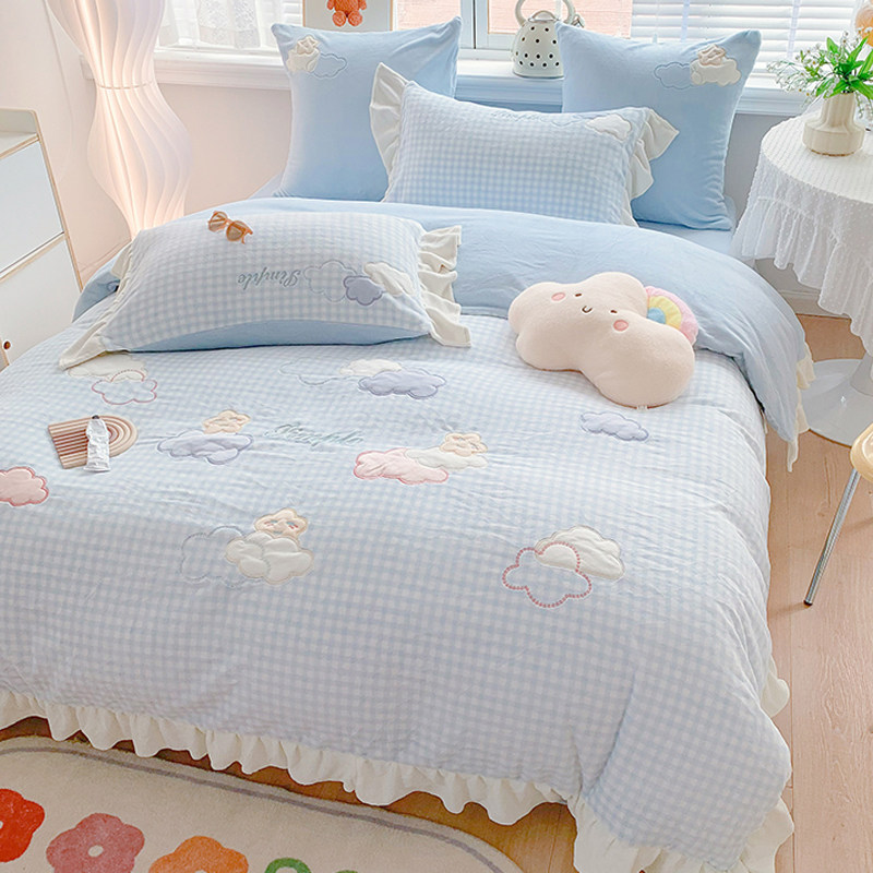 可爱云朵冬季加绒加厚牛奶绒四件套公主风儿童被套双面毛绒珊瑚绒