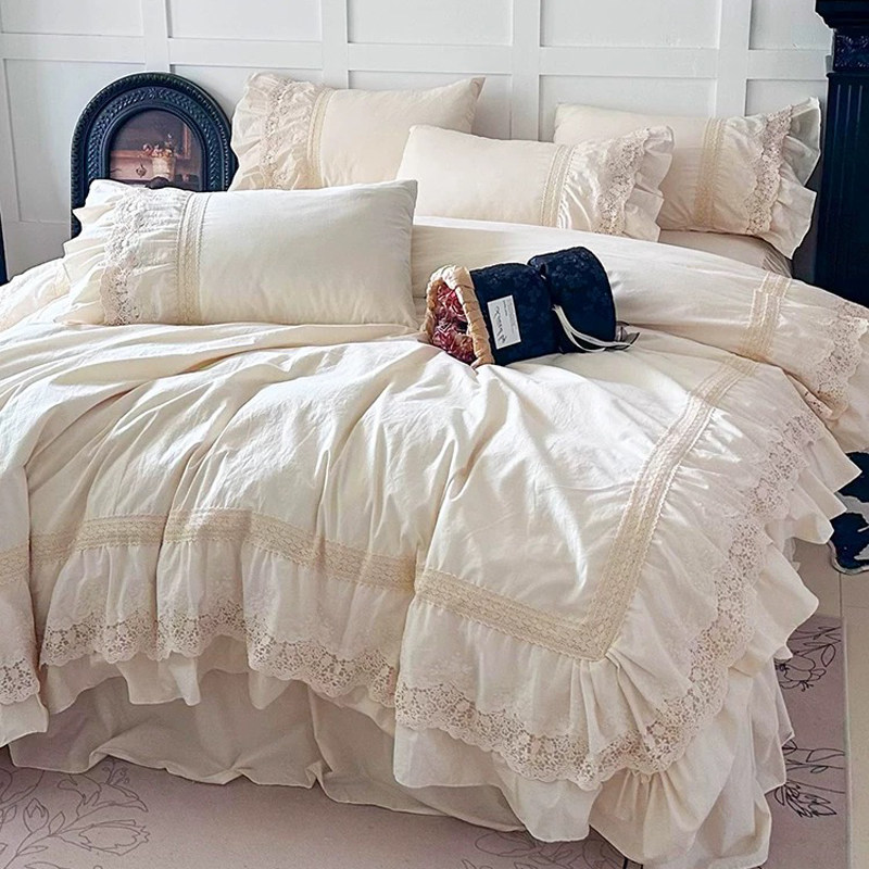 法式轻奢奶油风全棉四件套公主风纯棉蕾丝边被套床裙床单少女床品,床上用品,床品套件/四件套/多件套,淘宝优惠券,粉丝福利购,淘宝优惠卷
