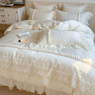 法式 轻奢奶油风全棉四件套公主风纯棉蕾丝边被套床盖床单少女床品