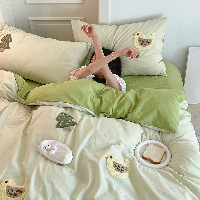 ins网红小清新100全棉纯棉四件套可爱卡通绣花被套床单笠床上用品