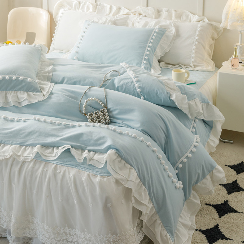 ins法式全棉床上四件套公主风夹棉蕾丝床裙100纯棉蓝色荷叶边被套,床上用品,床品套件/四件套/多件套,淘宝优惠券,粉丝福利购,淘宝优惠卷
