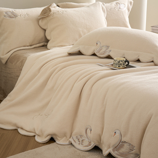 冬季 高级感加厚保暖牛奶绒四件套公主风糯米绒天鹅被套珊瑚绒床裙